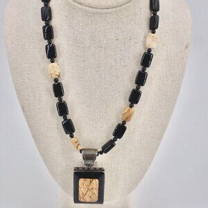DTR Jay King Onyx and Brown Jasper Necklace with Sterling Drop Stone Pendant